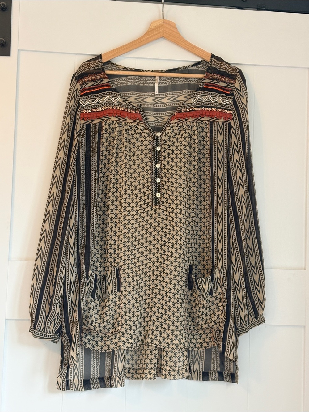 Free People Printed Button-Front Long Sleeve Tunic in Beige and Black